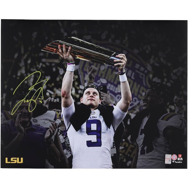 Joe Burrow LSU Tigers Autographed Fanatics Authentic 16" x 20" Holding CFP Championship Trophy Spotlight Photograph - The Ballers Bank