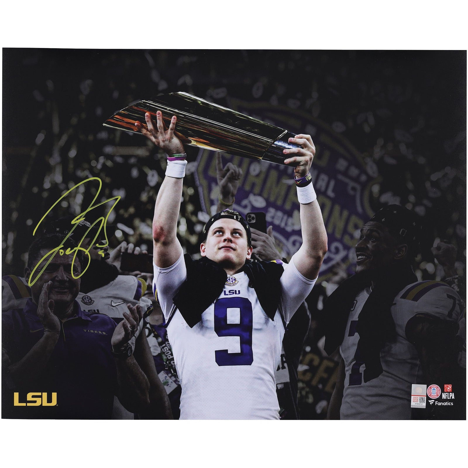 Joe Burrow LSU Tigers Autographed Fanatics Authentic 16" x 20" Holding CFP Championship Trophy Spotlight Photograph - The Ballers Bank