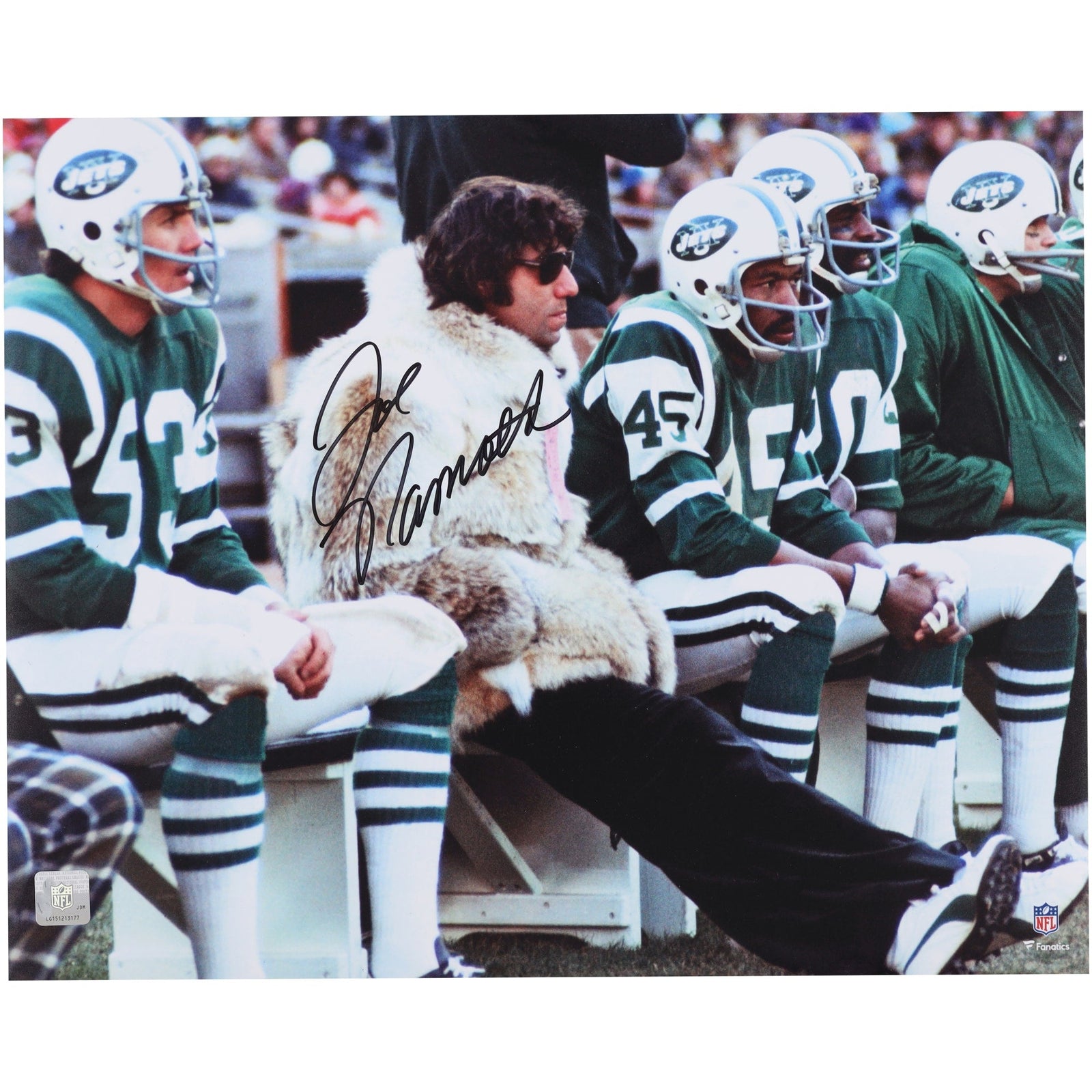 Joe Namath New York Jets Autographed Fanatics Authentic 16" x 20" Fur Coat Sideline Photograph - The Ballers Bank