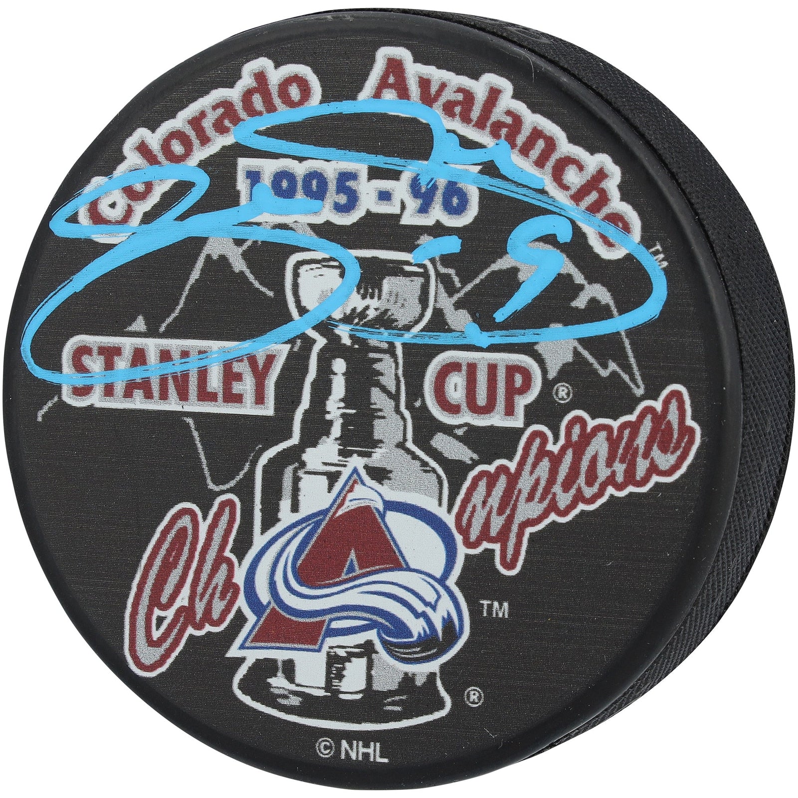Joe Sakic Colorado Avalanche Autographed Fanatics Authentic 1996 Stanley Cup Champions Hockey Puck - The Ballers Bank