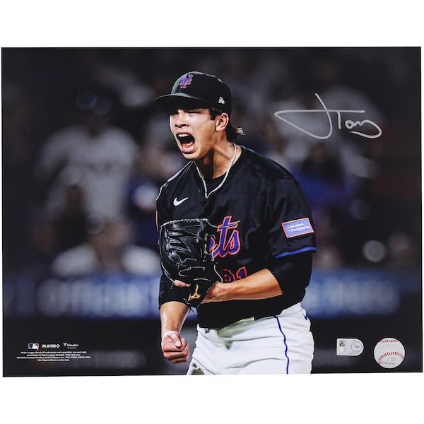 Jonah Tong New York Mets Autographed Fanatics Authentic 11" x 14" Strikeout Screaming Celebration Spotlight Photograph - The Ballers Bank