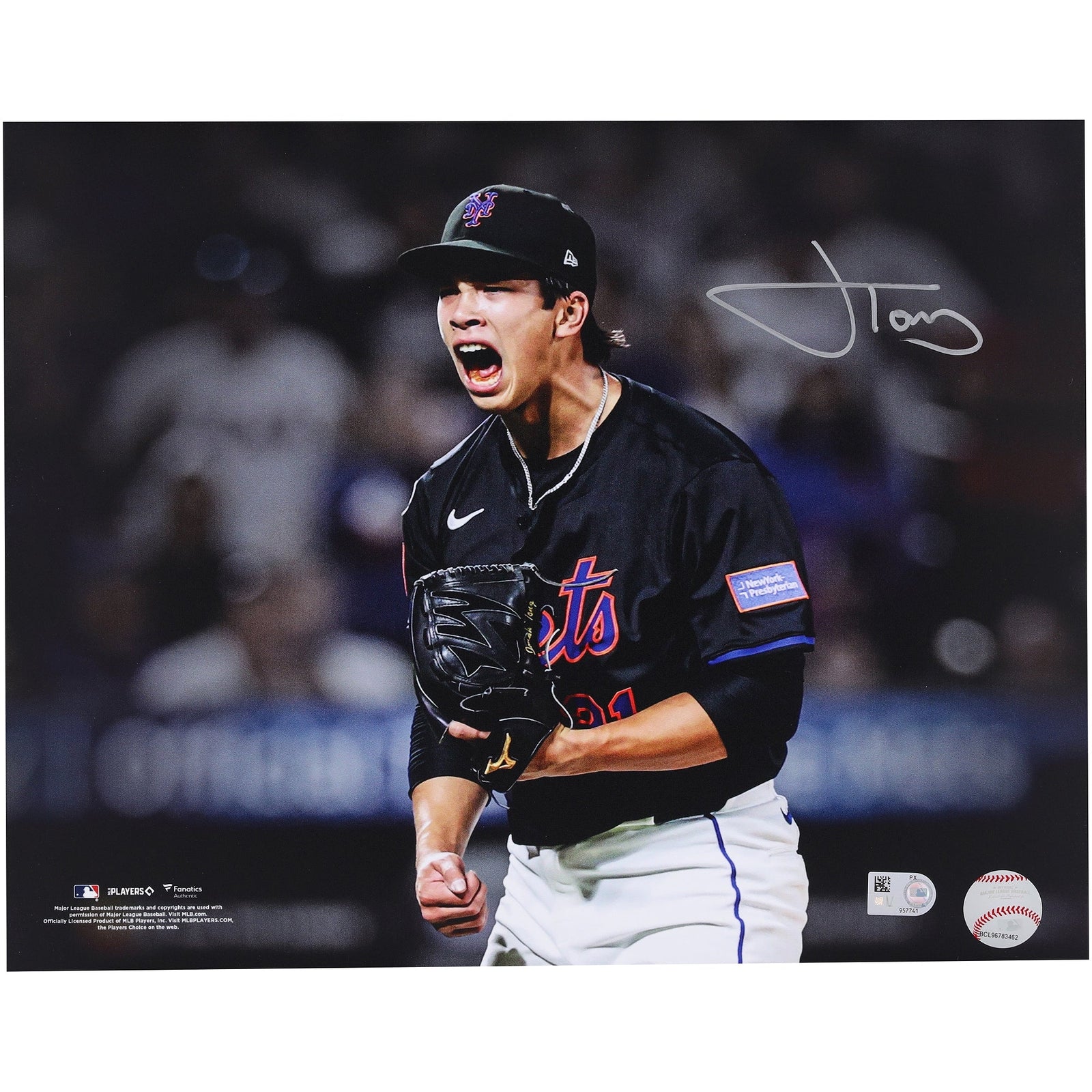 Jonah Tong New York Mets Autographed Fanatics Authentic 11" x 14" Strikeout Screaming Celebration Spotlight Photograph - The Ballers Bank