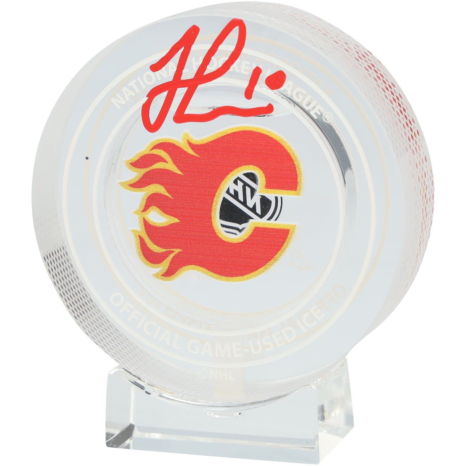 Jonathan Huberdeau Calgary Flames Autographed Fanatics Authentic Crystal Puck - Filled with Ice from the 2024 - 25 Season - The Ballers Bank