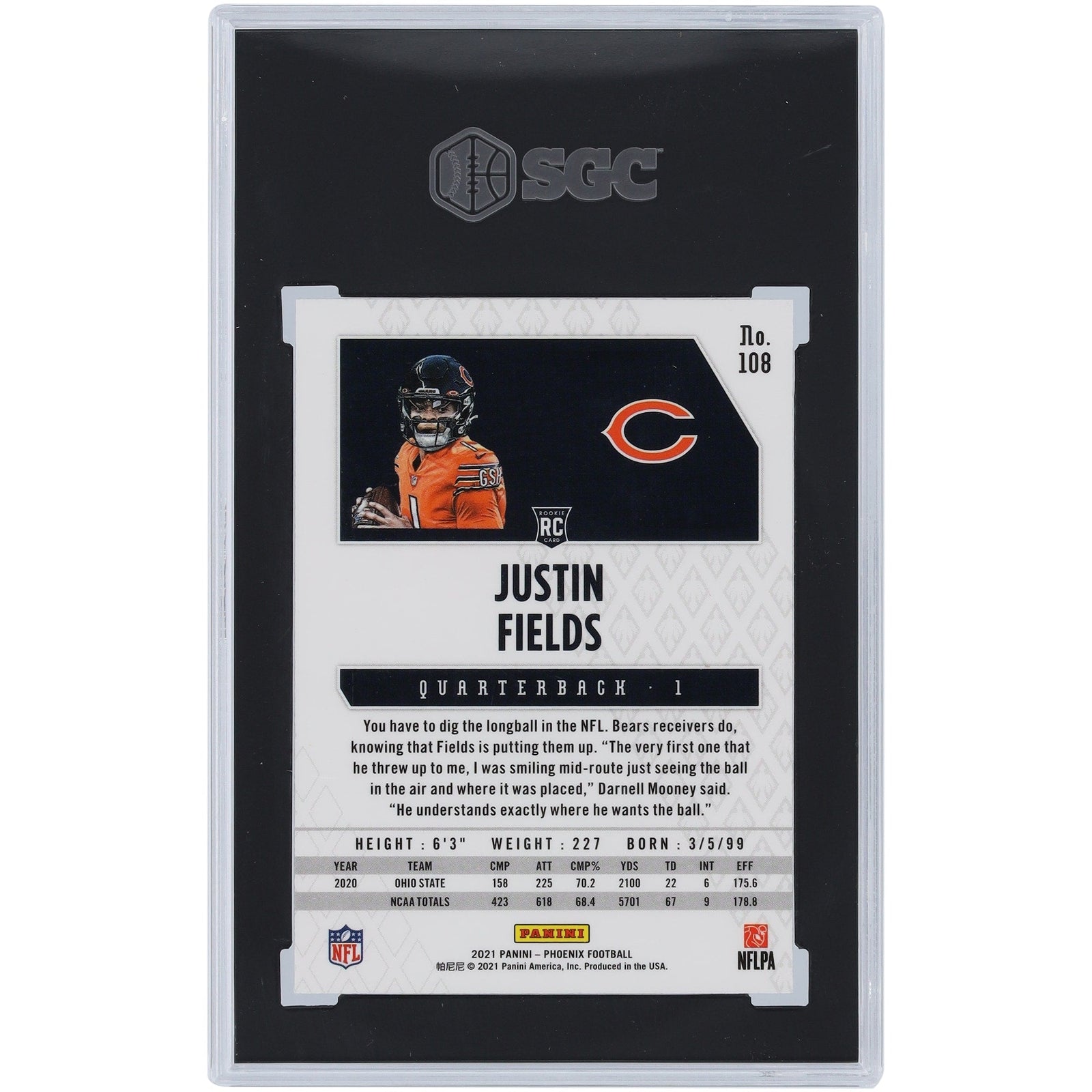 Justin Fields Chicago Bears 2021 Panini Phoenix Fire Burst 108 SGC Authenticated 9 Rookie Card - The Ballers Bank
