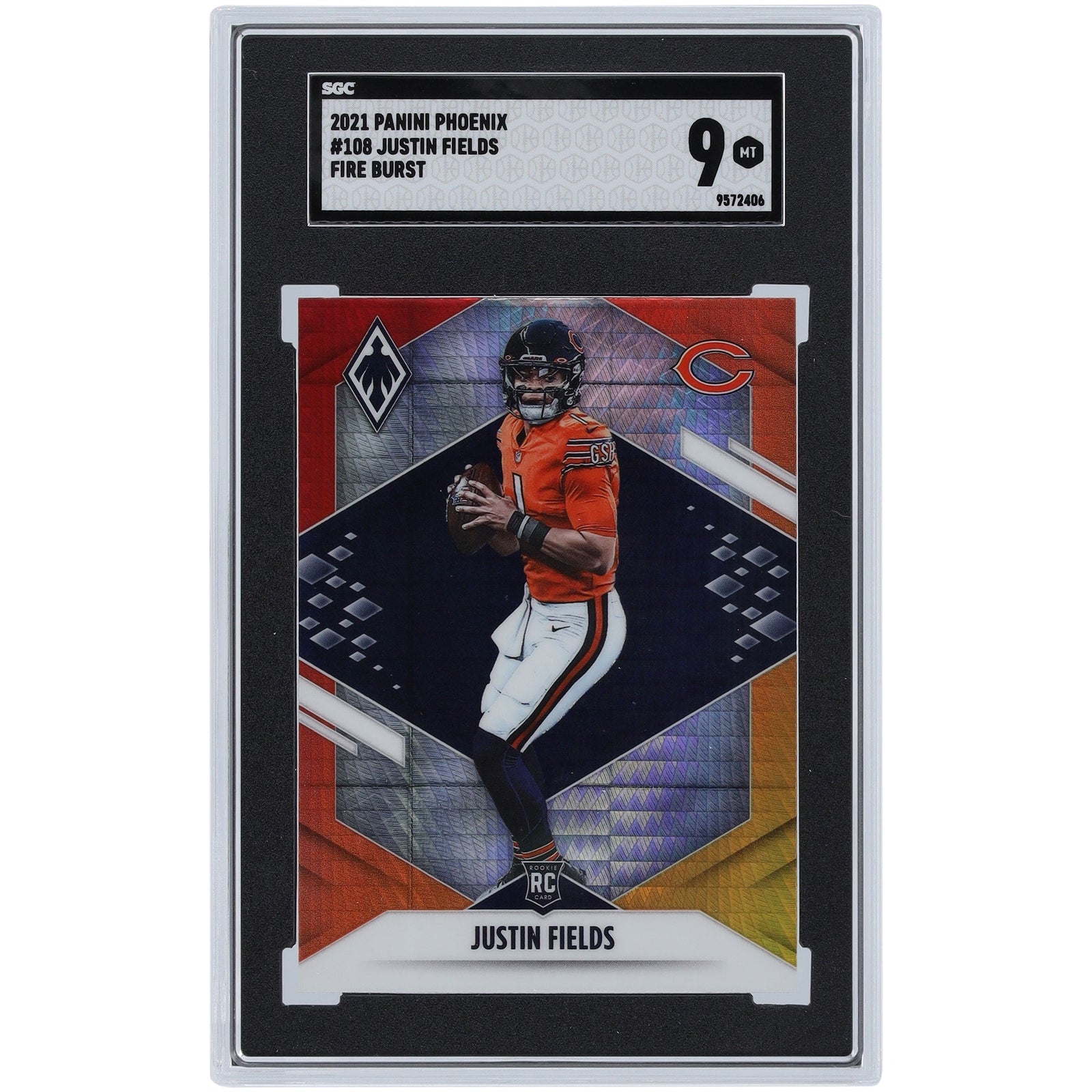 Justin Fields Chicago Bears 2021 Panini Phoenix Fire Burst 108 SGC Authenticated 9 Rookie Card - The Ballers Bank