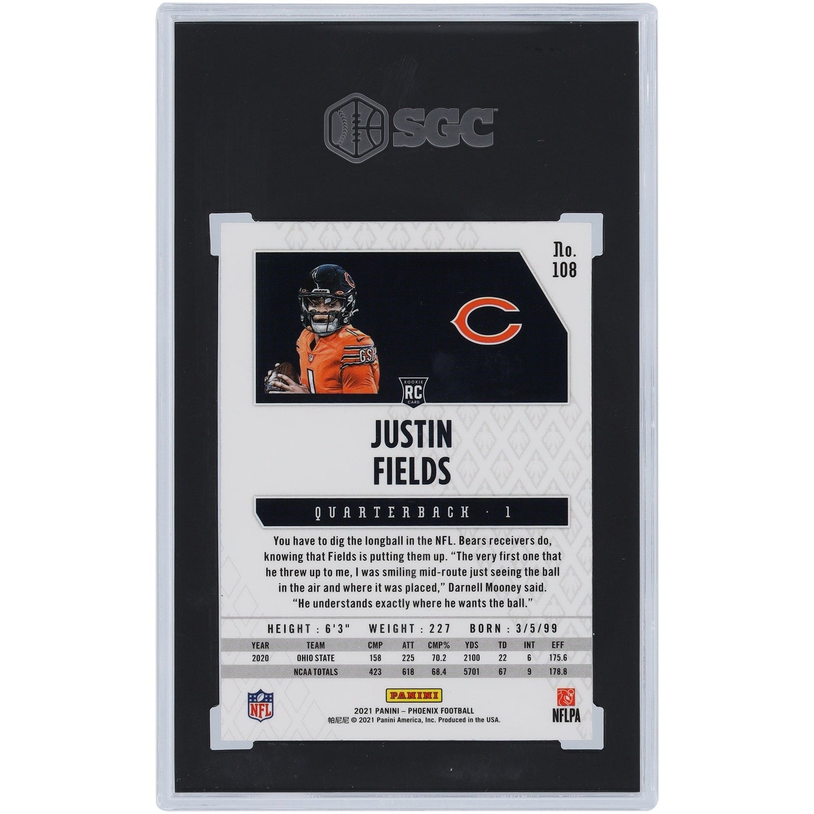 Justin Fields Chicago Bears 2021 Panini Phoenix Fire Burst 108 SGC Authenticated 9.5 Rookie Card - The Ballers Bank