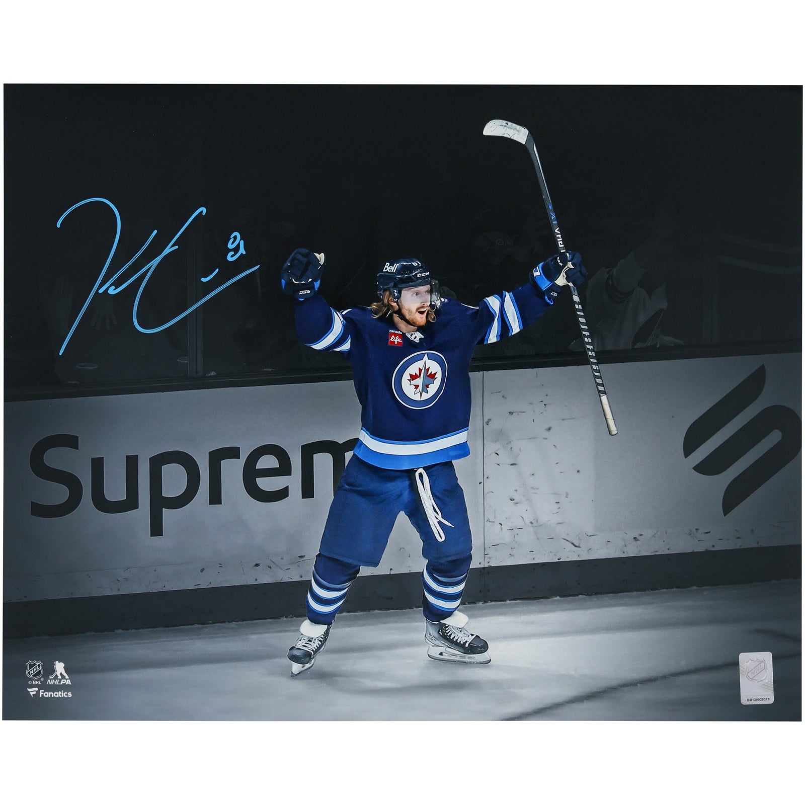 Kyle Connor Winnipeg Jets Autographed Fanatics Authentic 16" x 20" Blue Jersey Celebrating Spotlight Photograph - The Ballers Bank