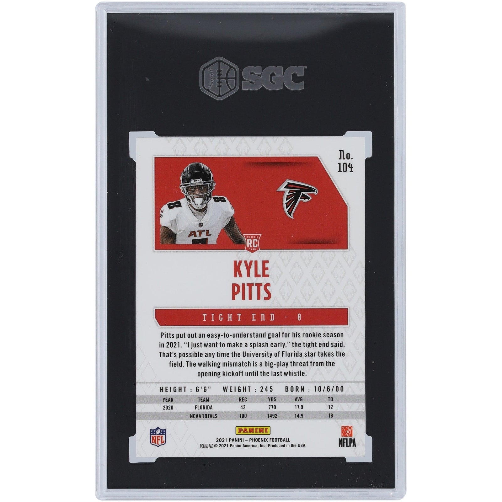 Kyle Pitts Atlanta Falcons 2021 Panini Phoenix Fire Burst 104 SGC Authenticated 9 Rookie Card - The Ballers Bank