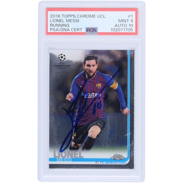 Lionel Messi Barcelona Autographed 2018 Topps Chrome UCL Running 1 PSA Authenticated 9/10 Card - The Ballers Bank