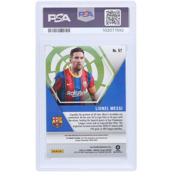 Lionel Messi Barcelona Autographed 2020 - 21 Panini Mosaic La Liga 57 PSA Authenticated 9/10 Card - The Ballers Bank