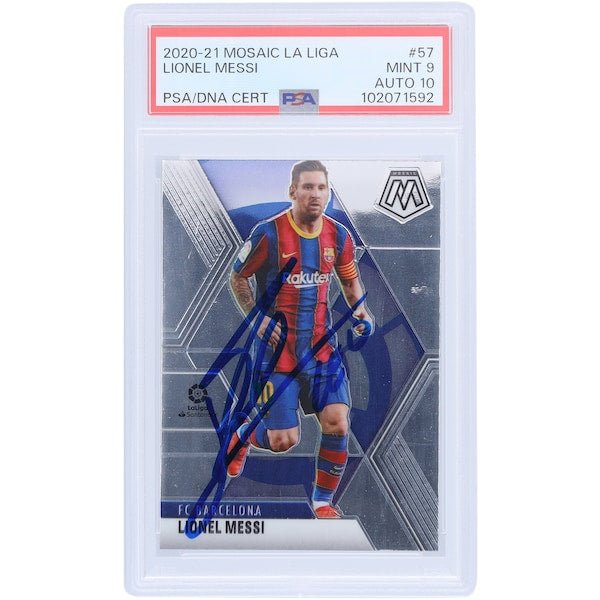 Lionel Messi Barcelona Autographed 2020 - 21 Panini Mosaic La Liga 57 PSA Authenticated 9/10 Card - The Ballers Bank
