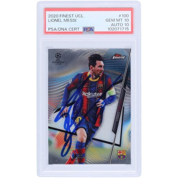 Lionel Messi Barcelona Autographed 2020 Topps Finest UCL 100 PSA Authenticated 10/10 Card - The Ballers Bank