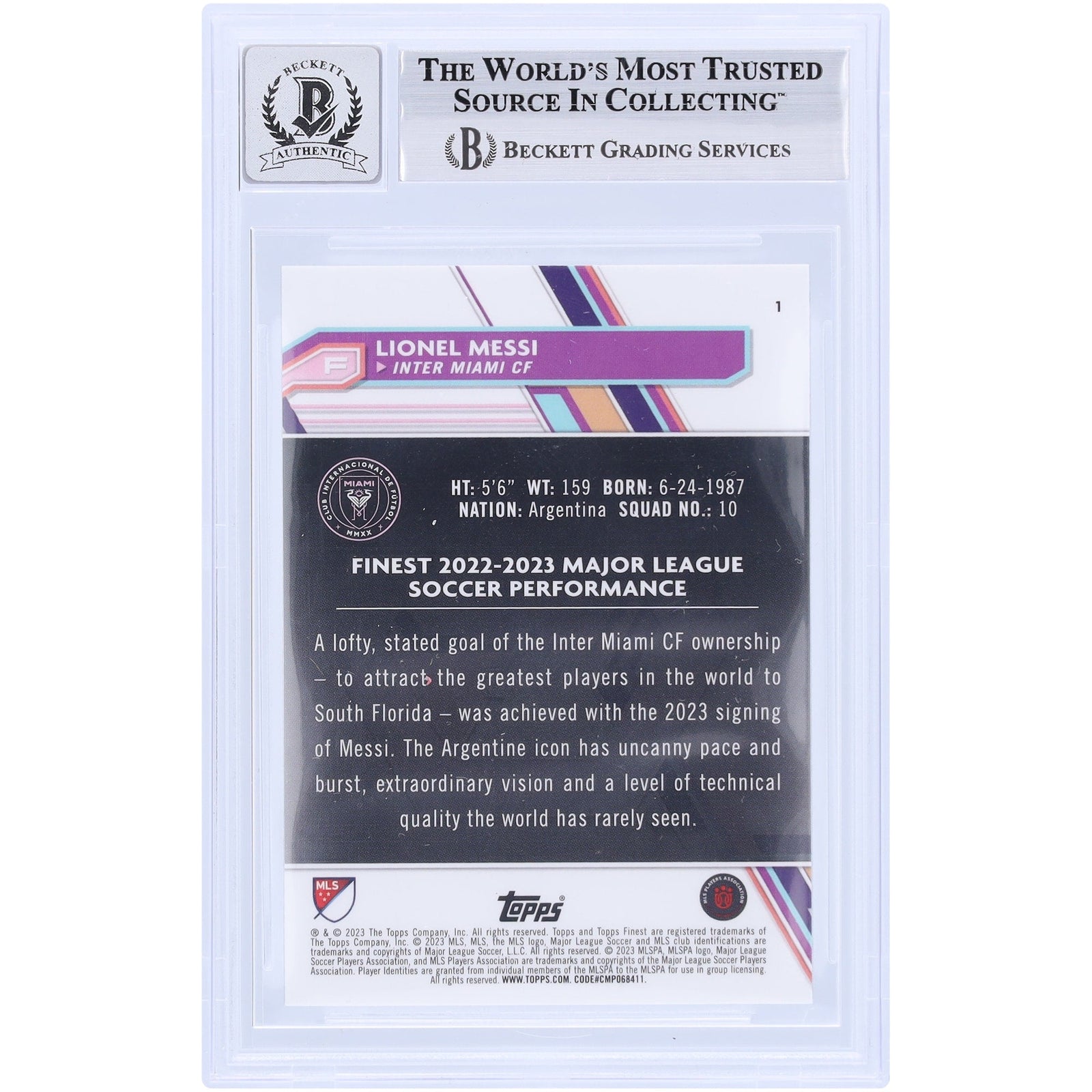 Lionel Messi Inter Miami CF Autographed 2023 Topps Finest MLS 1 BAS Authenticated 9/10 Card - The Ballers Bank