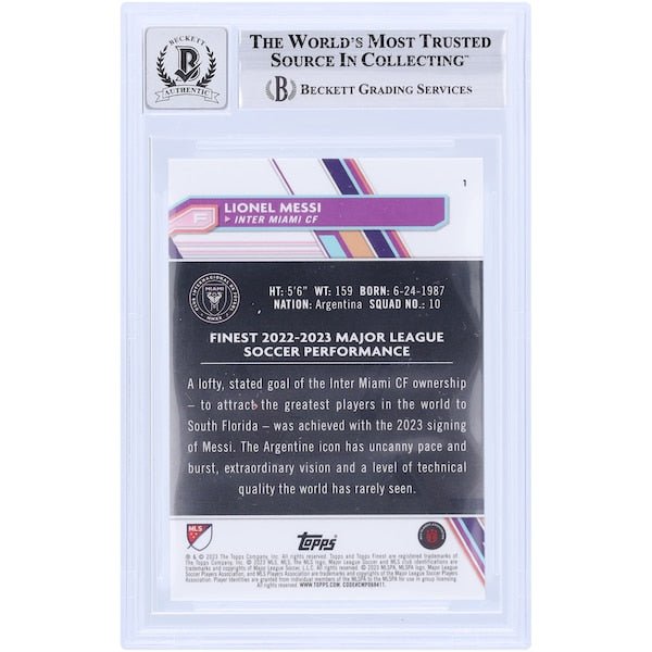 Lionel Messi Inter Miami CF Autographed 2023 Topps Finest MLS 1 BAS Authenticated 9/10 Card - The Ballers Bank