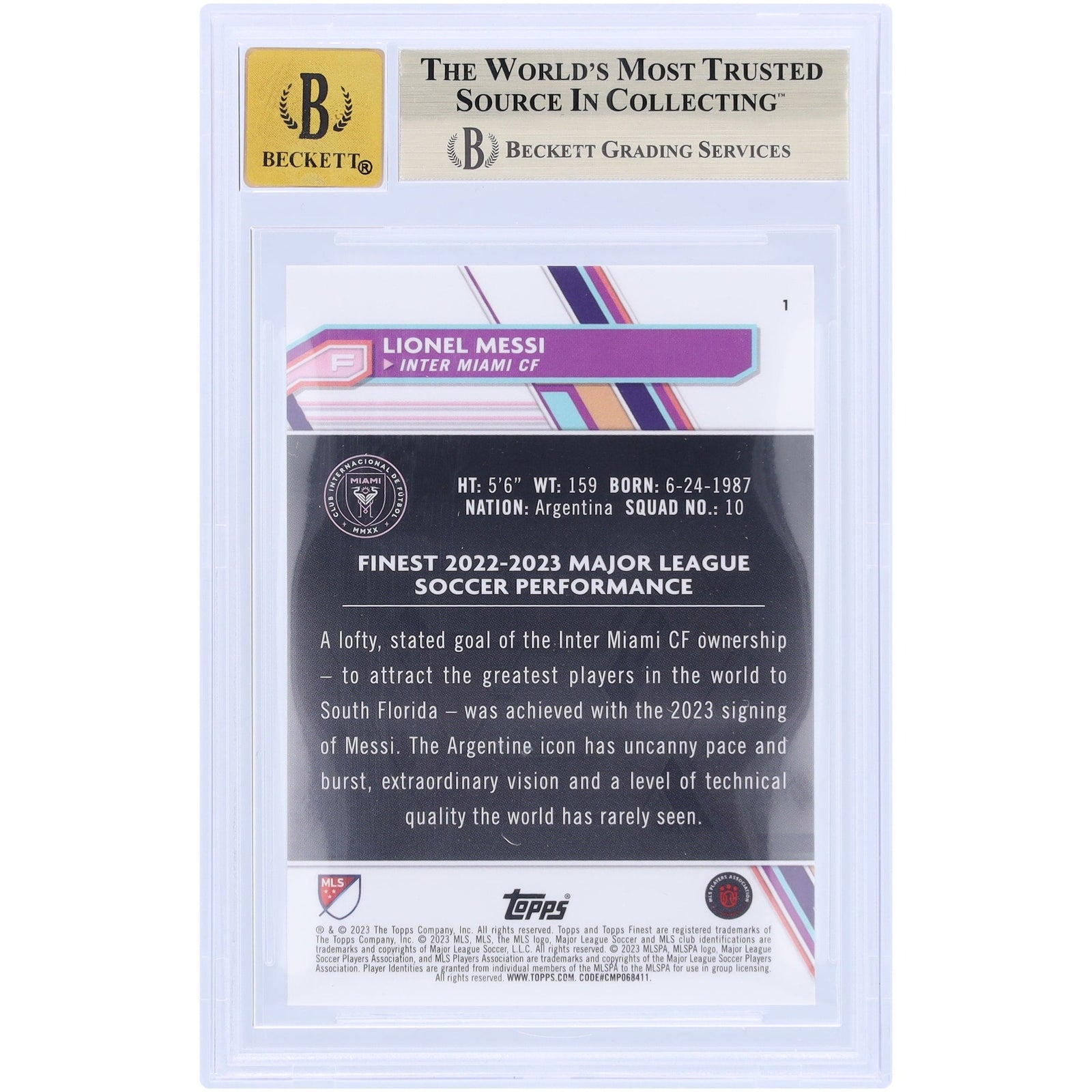 Lionel Messi Inter Miami CF Autographed 2023 Topps Finest MLS 1 BAS Authenticated 9.5/10 Card - The Ballers Bank