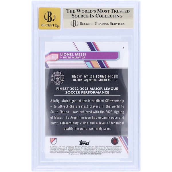 Lionel Messi Inter Miami CF Autographed 2023 Topps Finest MLS 1 BAS Authenticated 9.5/10 Card - The Ballers Bank