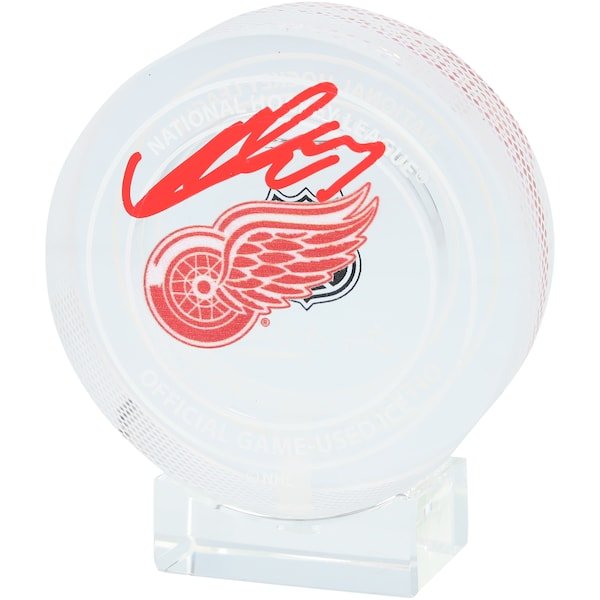 Lucas Raymond Detroit Red Wings Autographed Fanatics Authentic Crystal Puck - Filled with Ice from the 2024 - 25 Season - The Ballers Bank