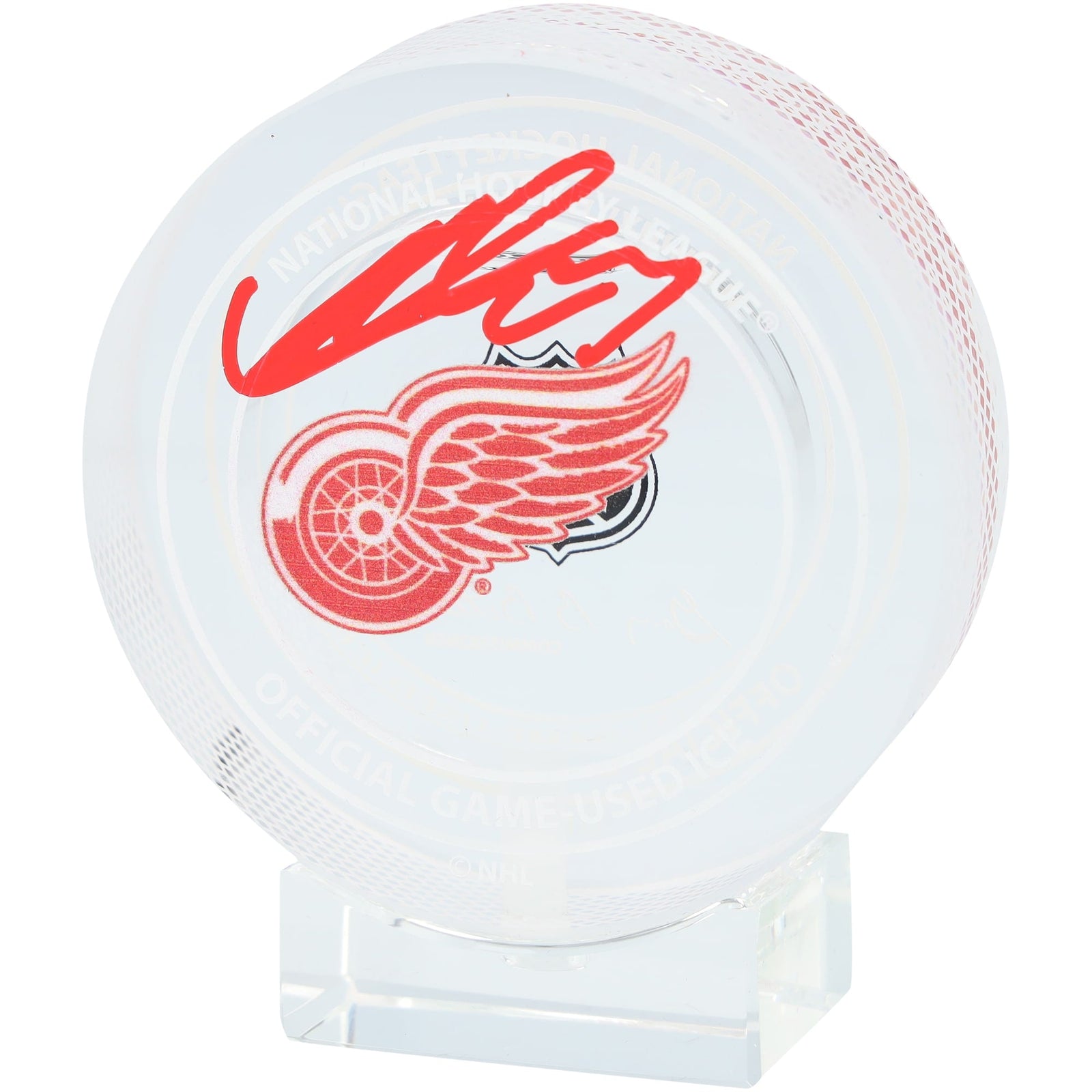 Lucas Raymond Detroit Red Wings Autographed Fanatics Authentic Crystal Puck - Filled with Ice from the 2024 - 25 Season - The Ballers Bank