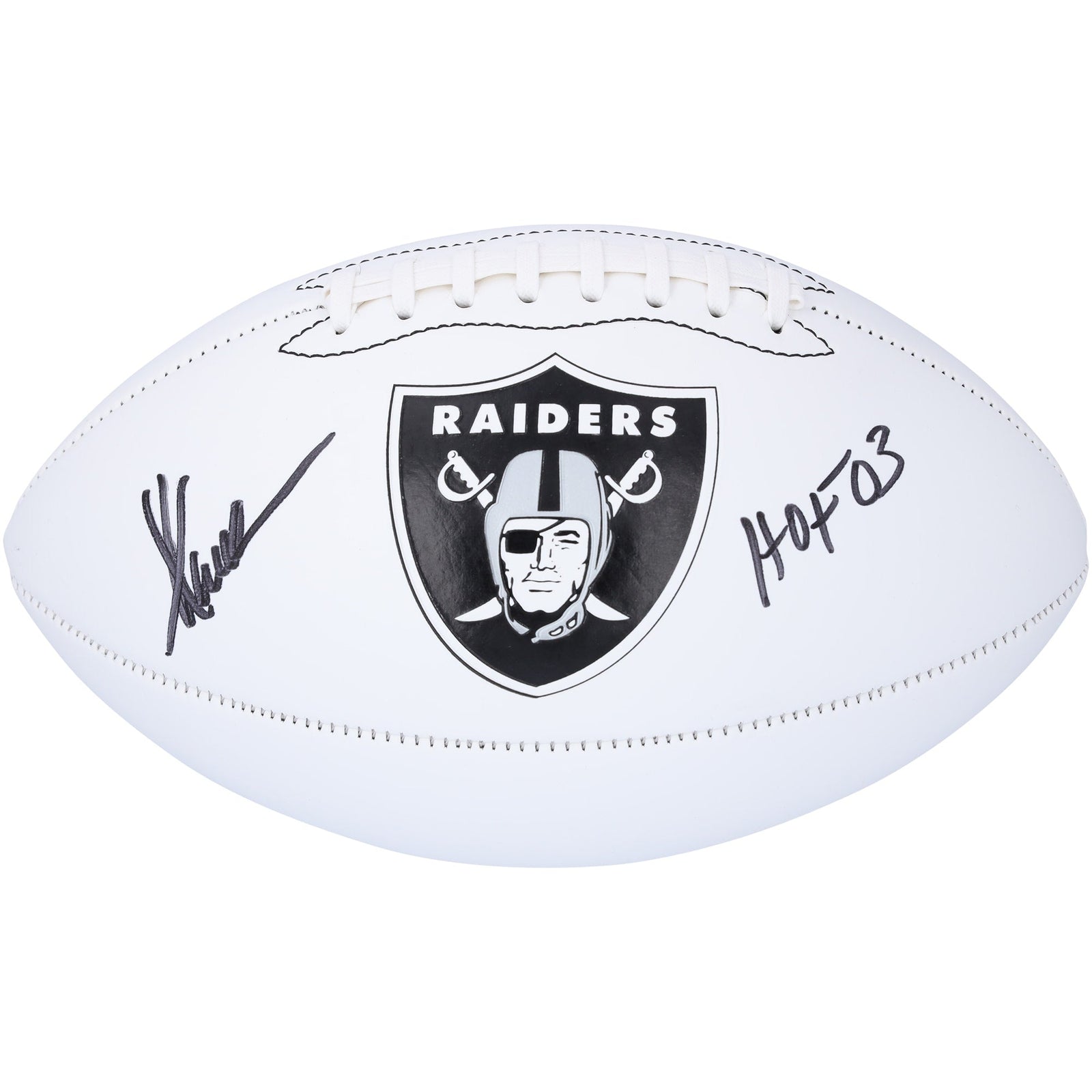 Marcus Allen Los Angeles Raiders Autographed Fanatics Authentic Franklin White Panel Football with "HOF 03" Inscription - The Ballers Bank