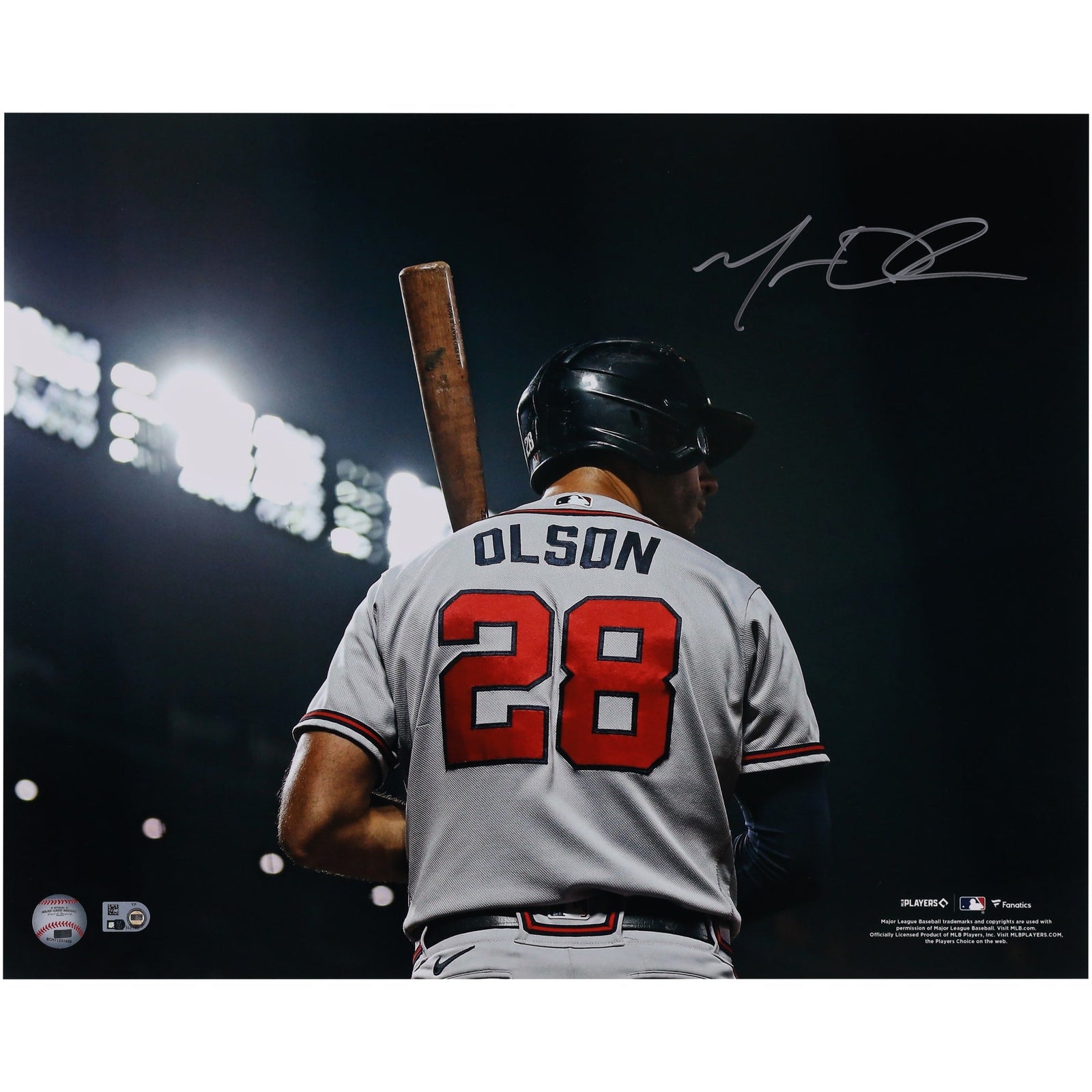 Matt Olson Atlanta Braves Autographed Fanatics Authentic 16" x 20" Gray Jersey with Bat Photograph - The Ballers Bank