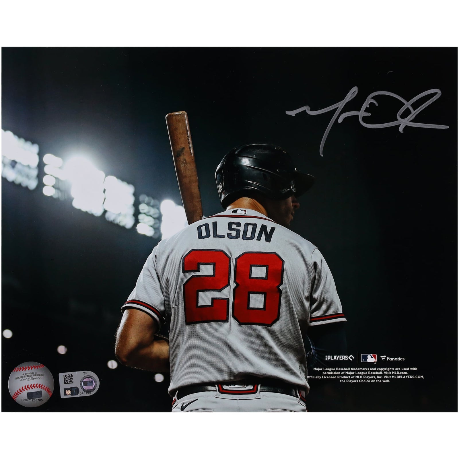 Matt Olson Atlanta Braves Autographed Fanatics Authentic 8" x 10" Gray Jersey with Bat Photograph - The Ballers Bank