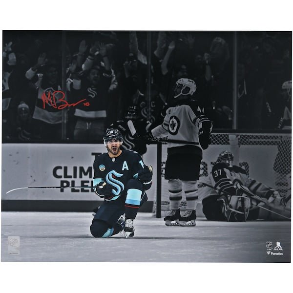 Matty Beniers Seattle Kraken Autographed Fanatics Authentic 16" x 20" Navy Jersey Celebration Photograph - The Ballers Bank