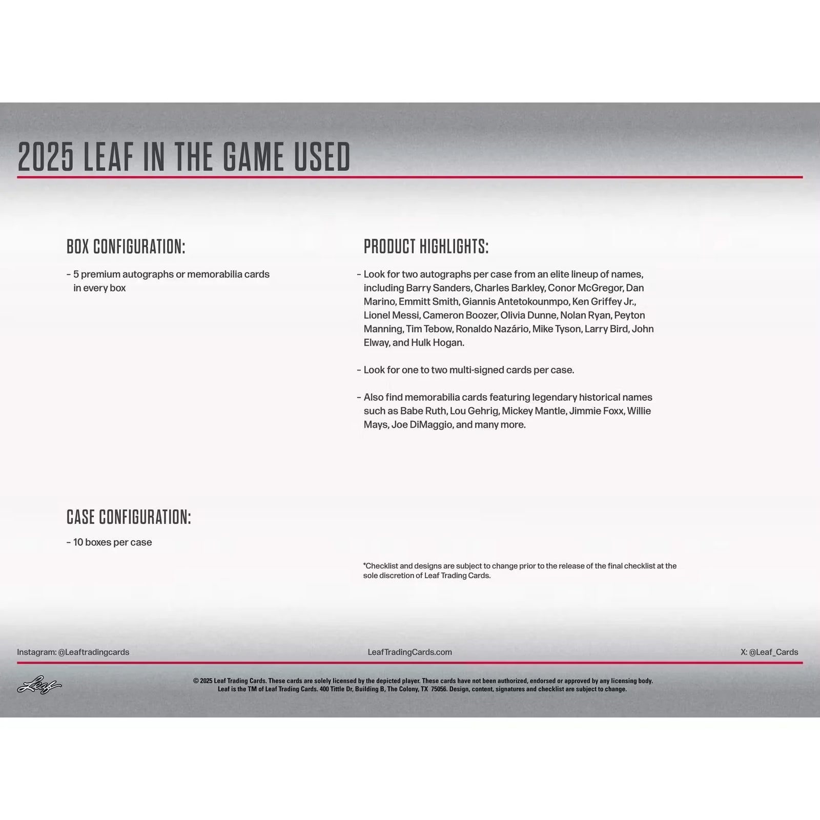 2025 Leaf In The Game Used Hobby 10-Box Case | Multi-Signed Memorabilia (Ships Sealed Only)