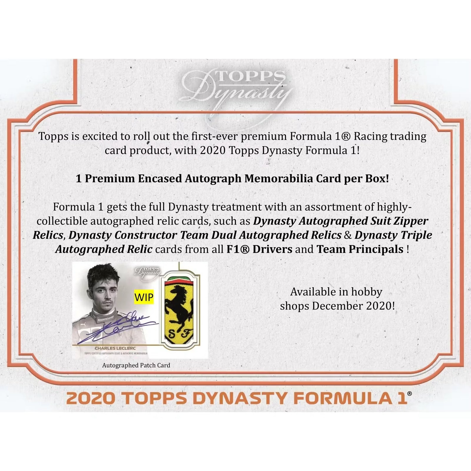 2020 Topps Dynasty Formula 1 Hobby Box | Autographed Relic Cards (Ships Sealed Only)