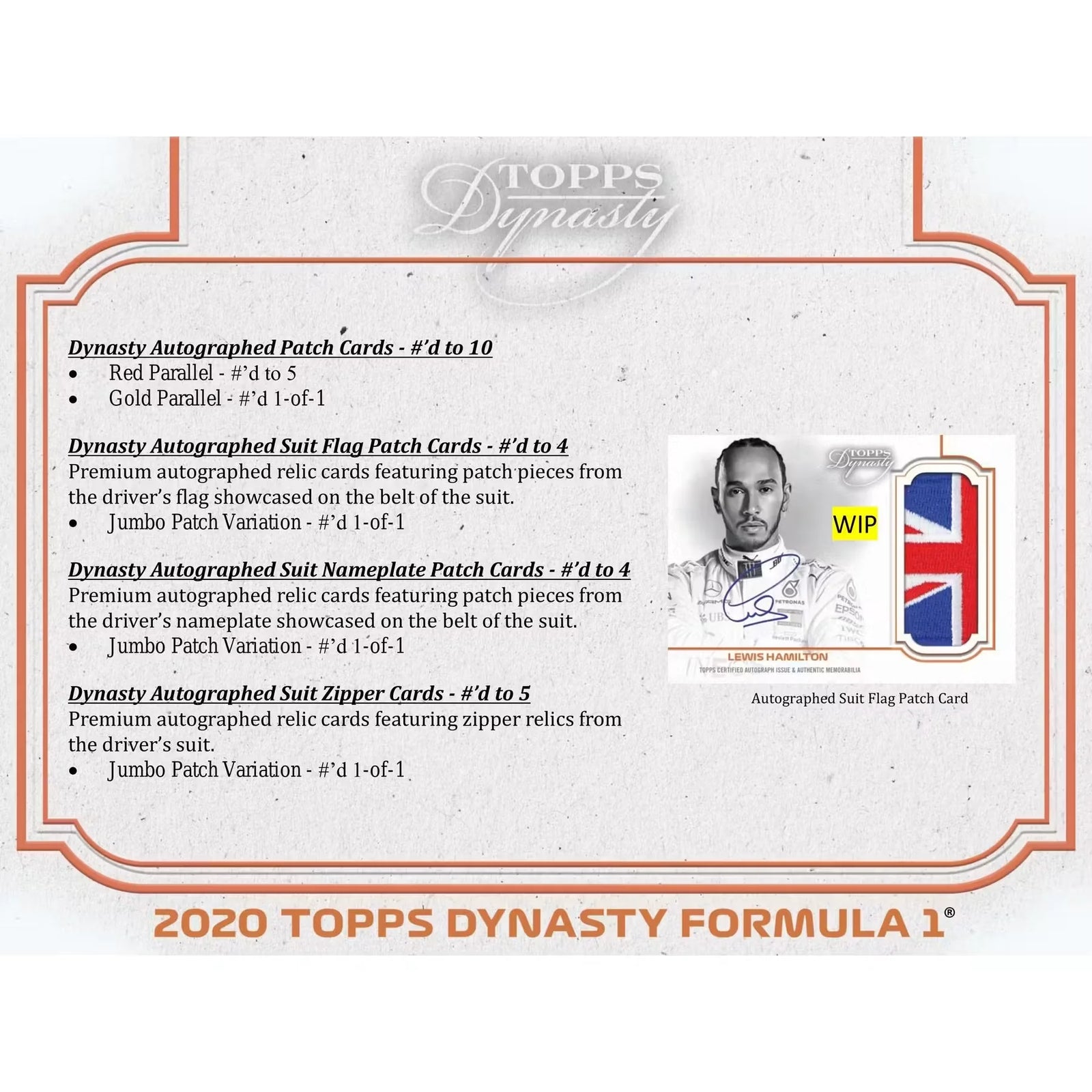 2020 Topps Dynasty Formula 1 Hobby Box | Autographed Relic Cards (Ships Sealed Only)
