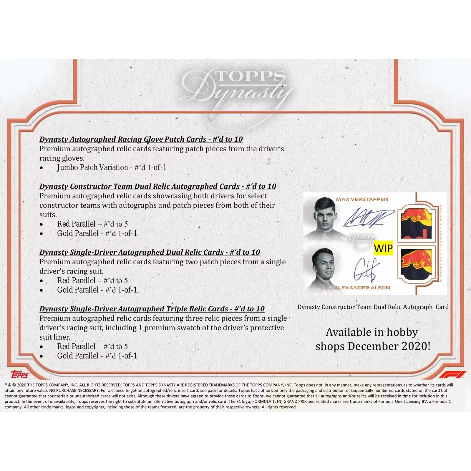 2020 Topps Dynasty Formula 1 Hobby Box | Autographed Relic Cards (Ships Sealed Only)