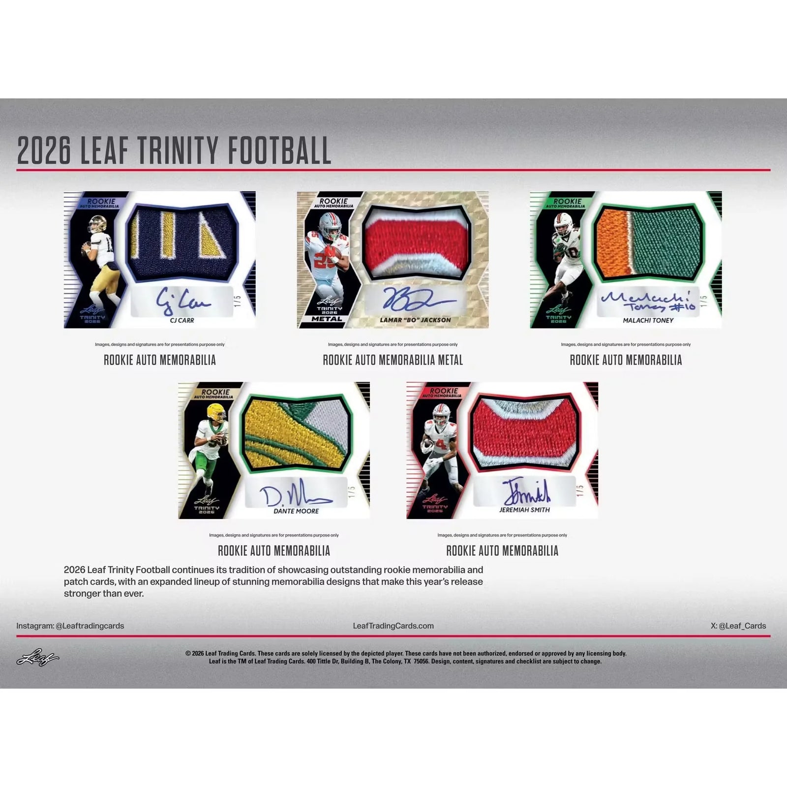 2026 Leaf Trinity Football Hobby Jumbo 8-Box Case (Presell) (Ships Sealed Only)