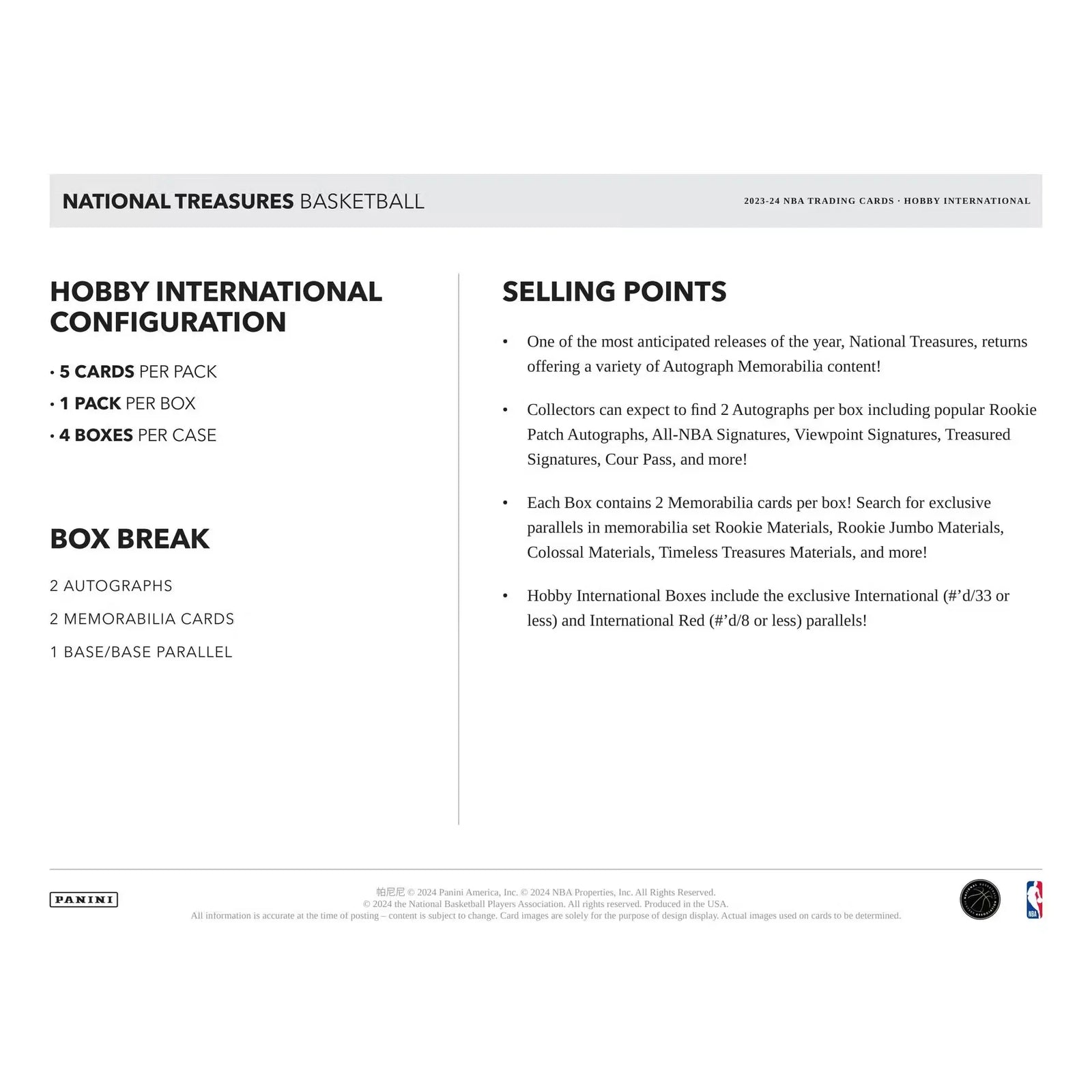 2023-24 Panini National Treasures Basketball International Hobby 4-Box Case (Ships Sealed Only)