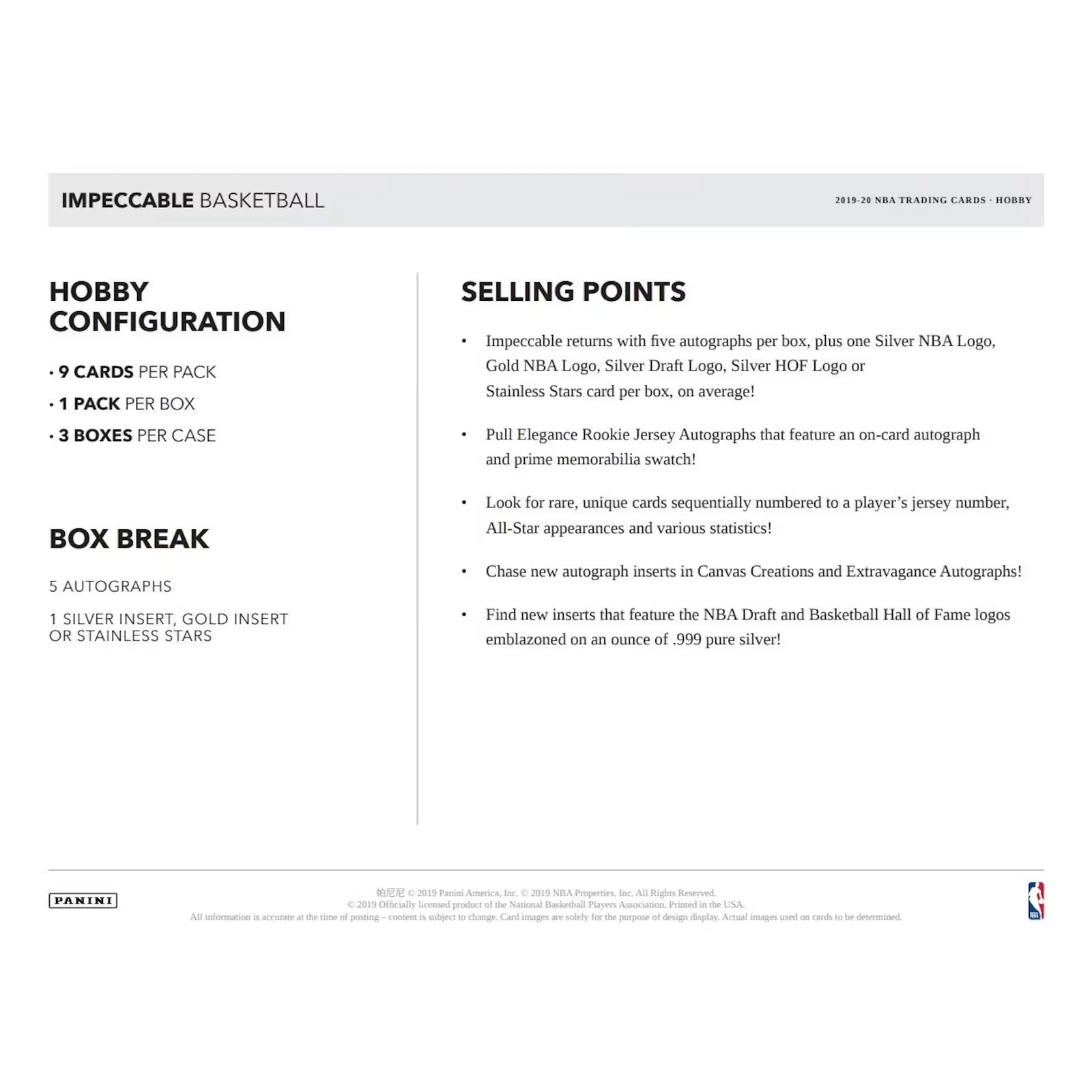 2019-20 Panini Impeccable 1st Off The Line FOTL Basketball Hobby Box (Ships Sealed Only)