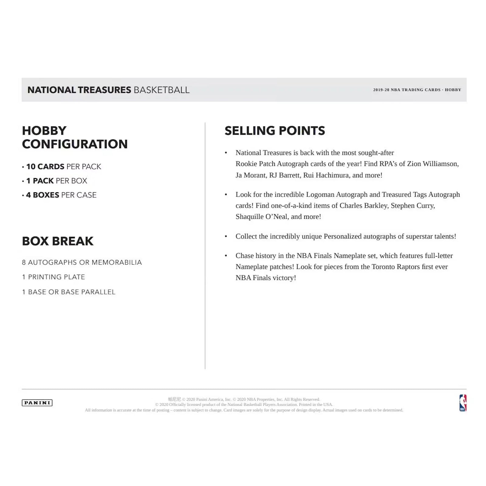 2019-20 Panini National Treasures Basketball Hobby 4-Box Case (Ships Sealed Only)