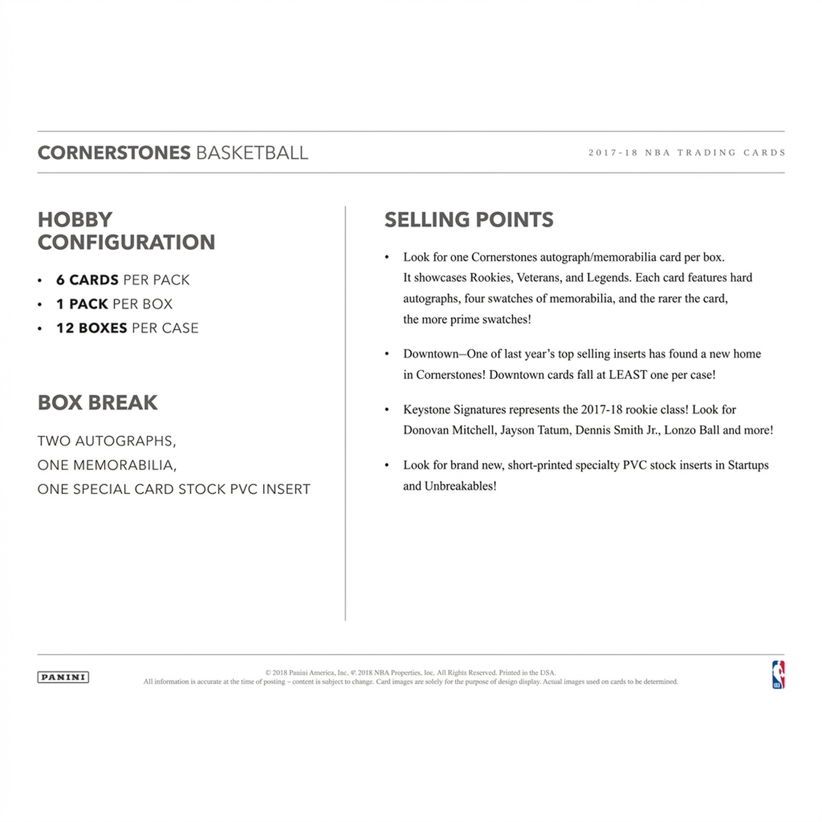 2017-18 Panini Cornerstones Basketball Hobby Box (Ships Sealed Only)