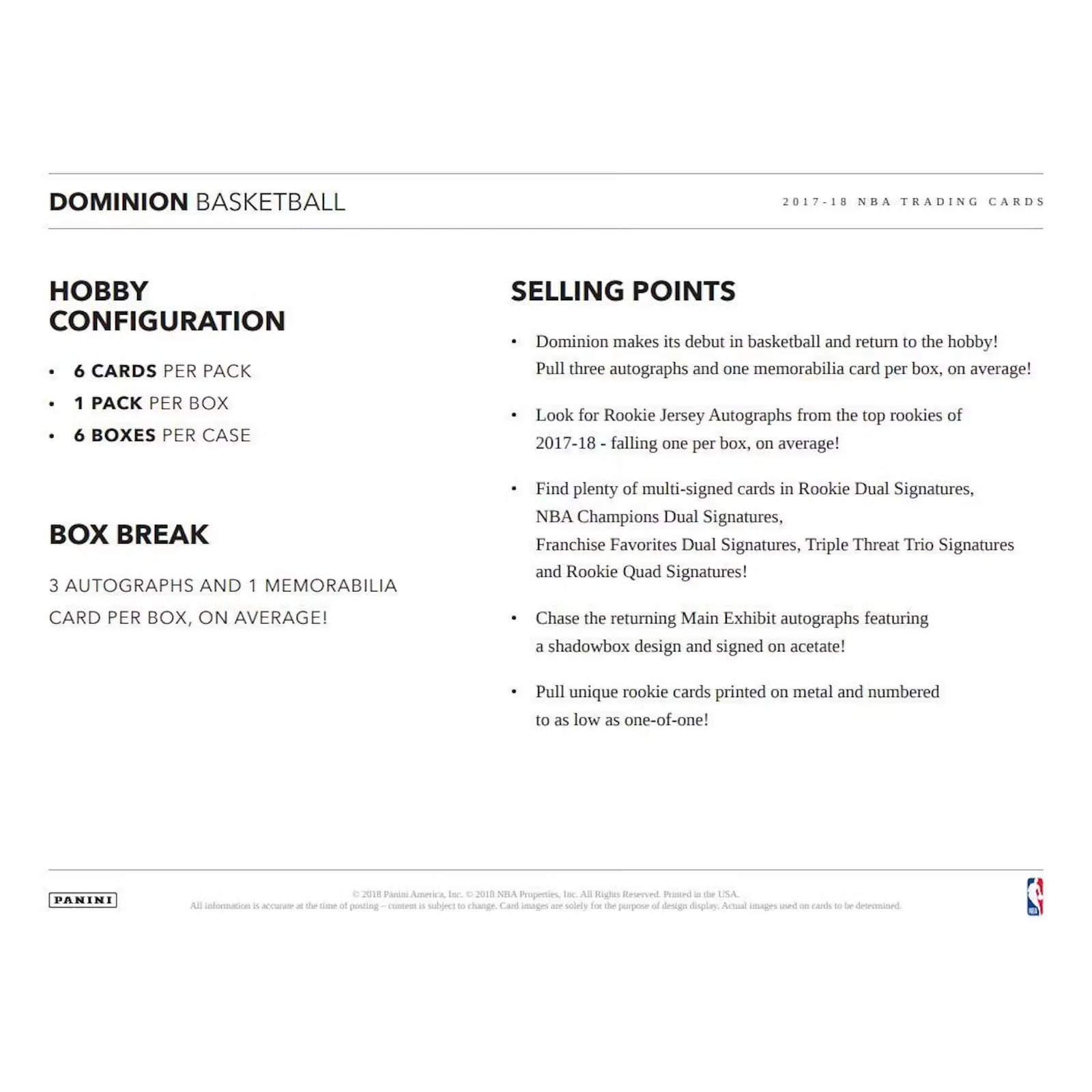 2017-18 Panini Dominion Basketball Hobby Box | Three Autos Per Box (Ships Sealed Only)