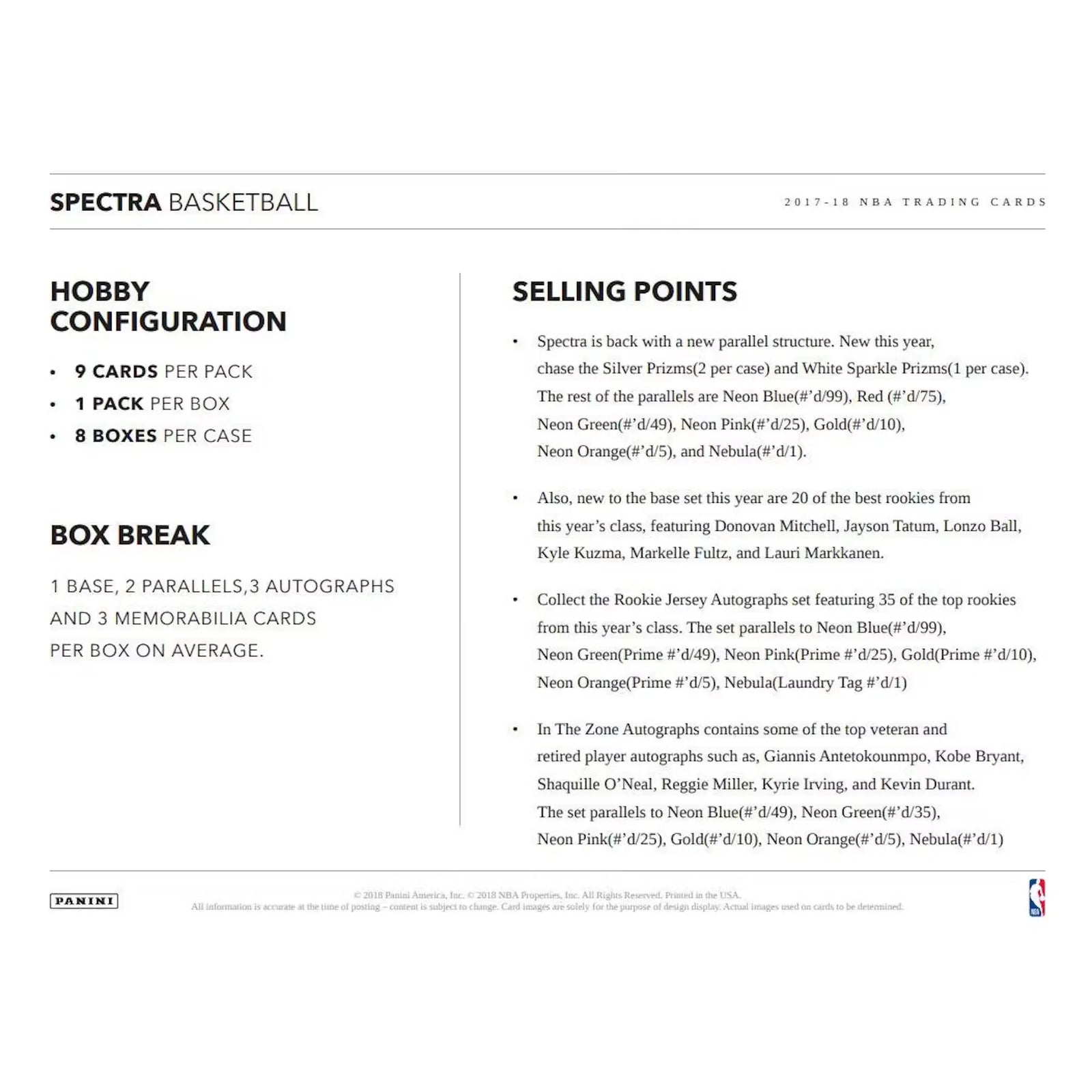 2017-18 Panini Spectra Basketball Hobby 8-Box Case (Ships Sealed Only)