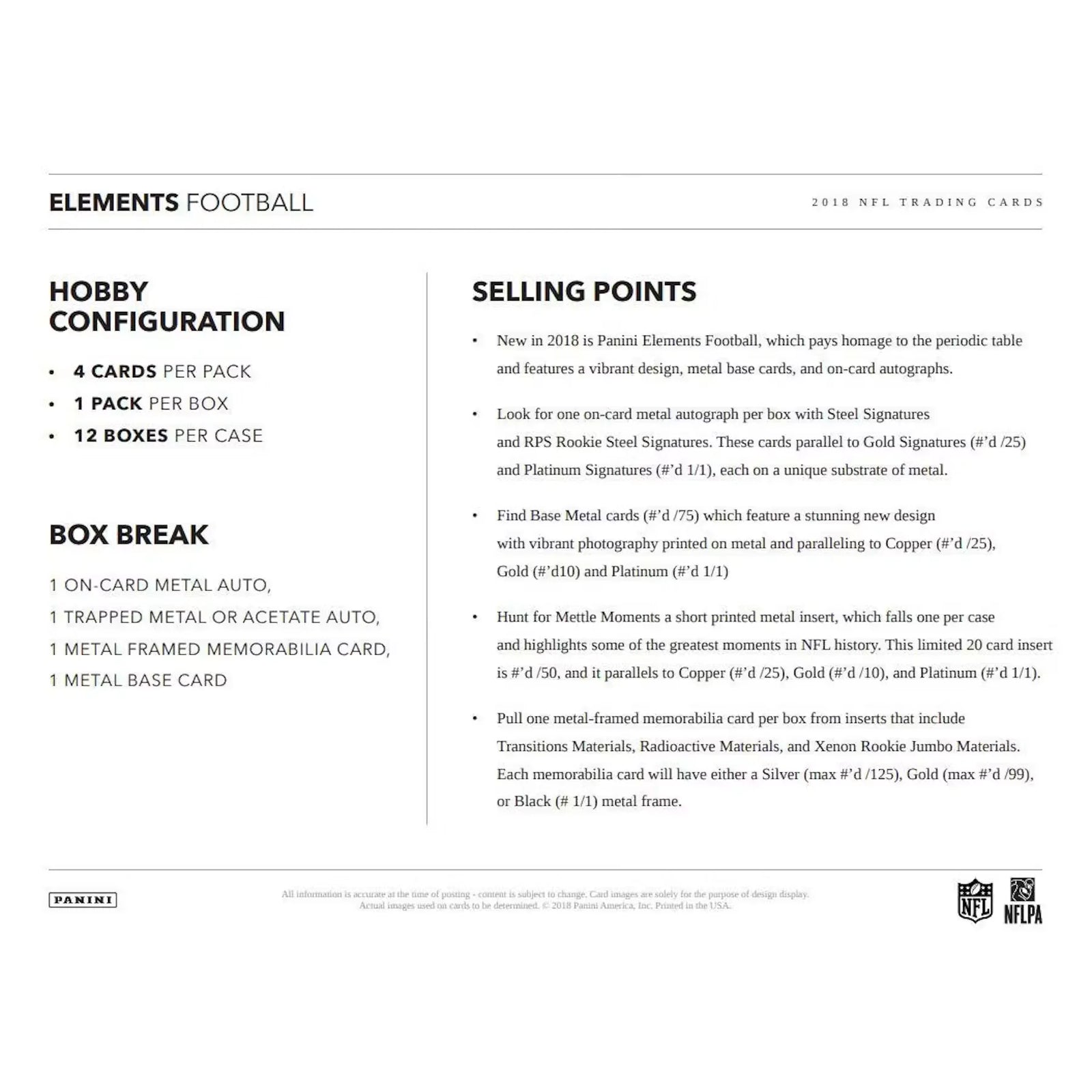 2018 Panini Elements Football Hobby Box | Metal Autographs (Ships Sealed Only)