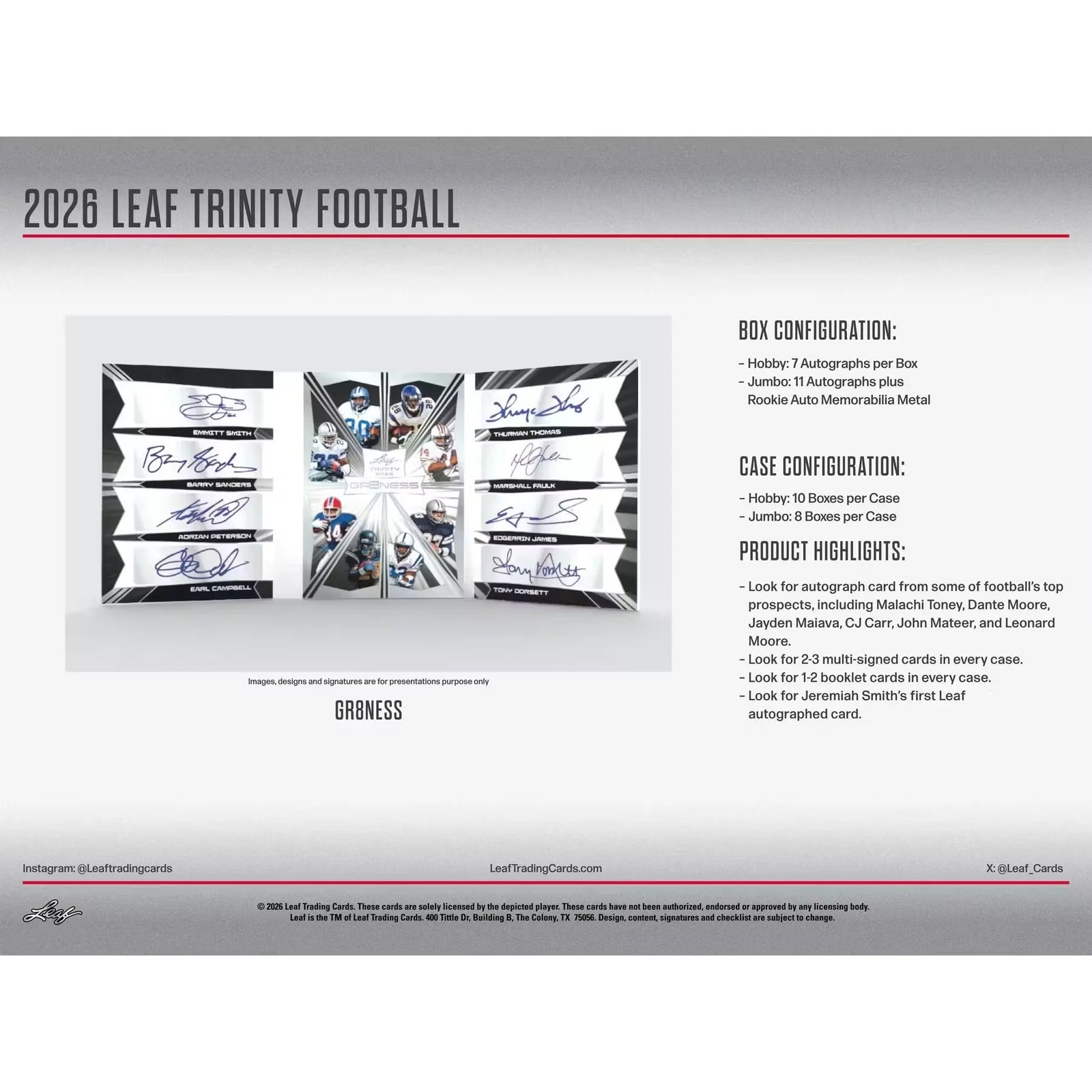 2026 Leaf Trinity Football Hobby Jumbo Box | 11 Autographs Per Box (Ships Sealed Only)