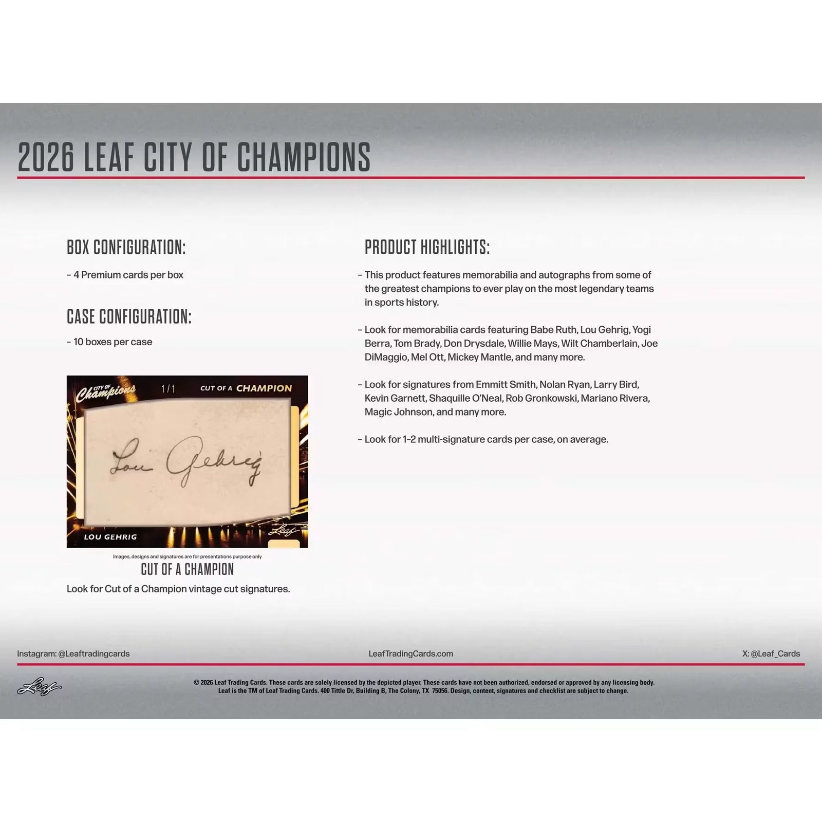 2026 Leaf City of Champions Hobby 10-Box Case | Presell (Ships Sealed Only)