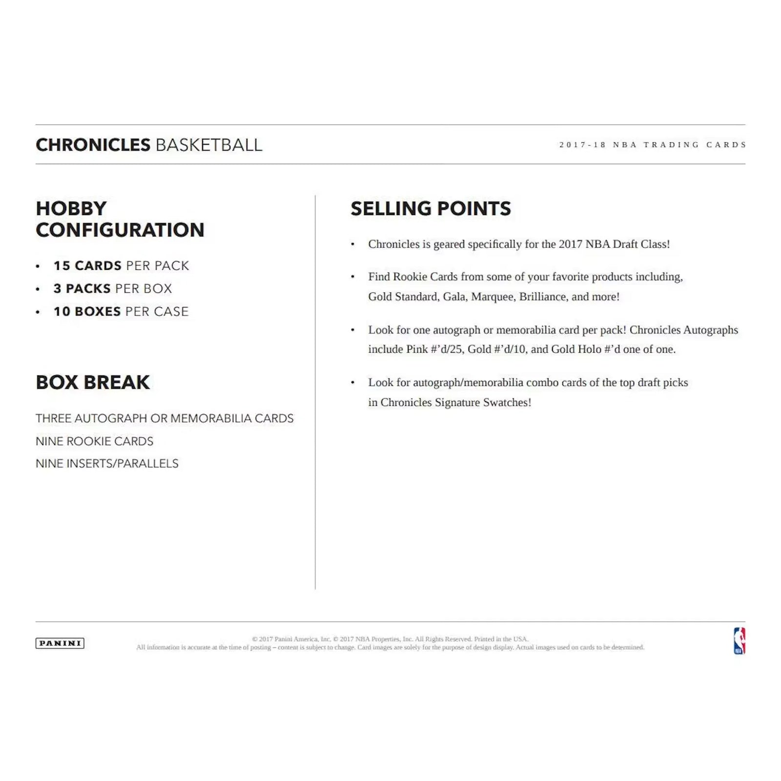 2017-18 Panini Chronicles Basketball Hobby Box (Ships Sealed Only) - D