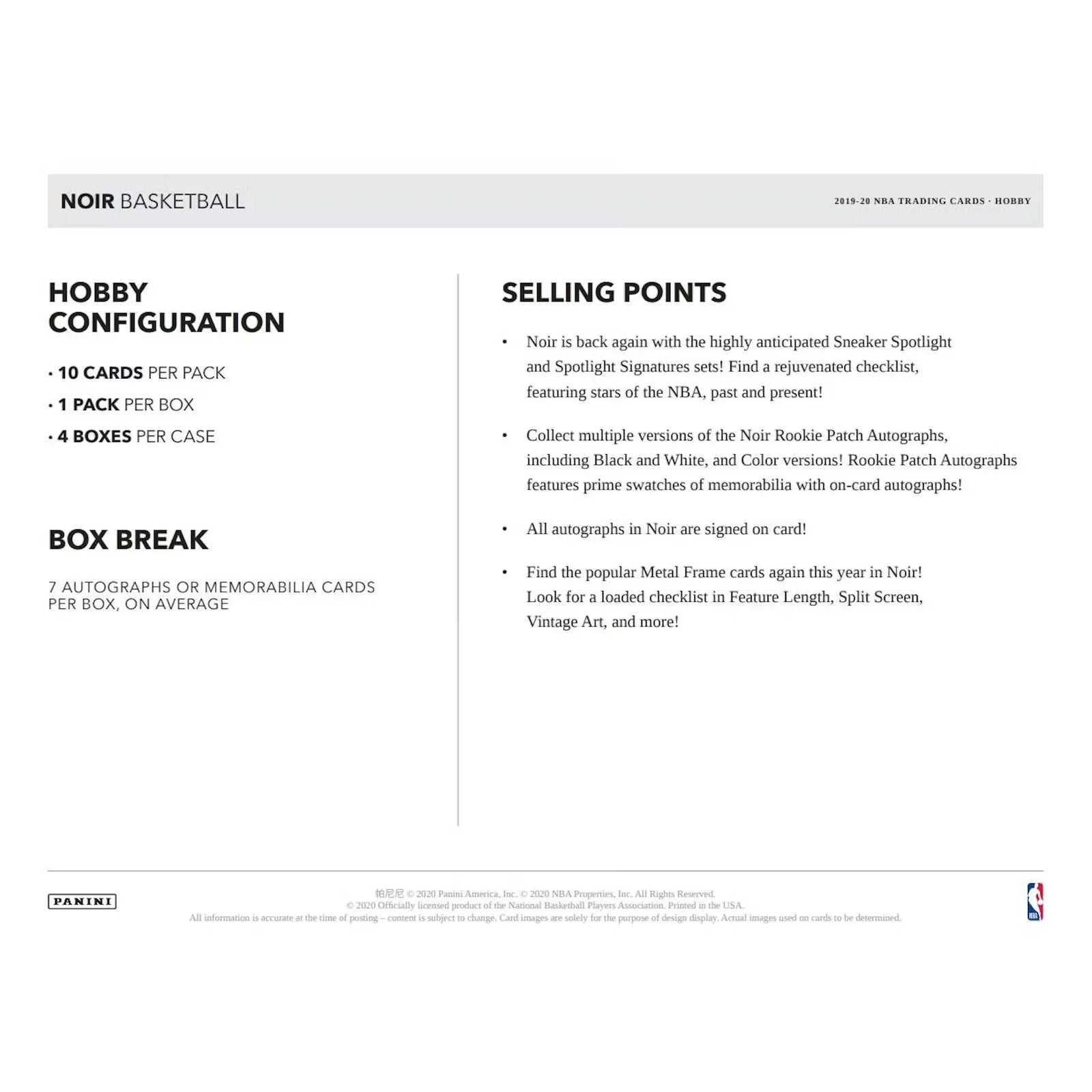 2019-20 Panini Noir Basketball Hobby 4-Box Case (Ships Sealed Only) - D