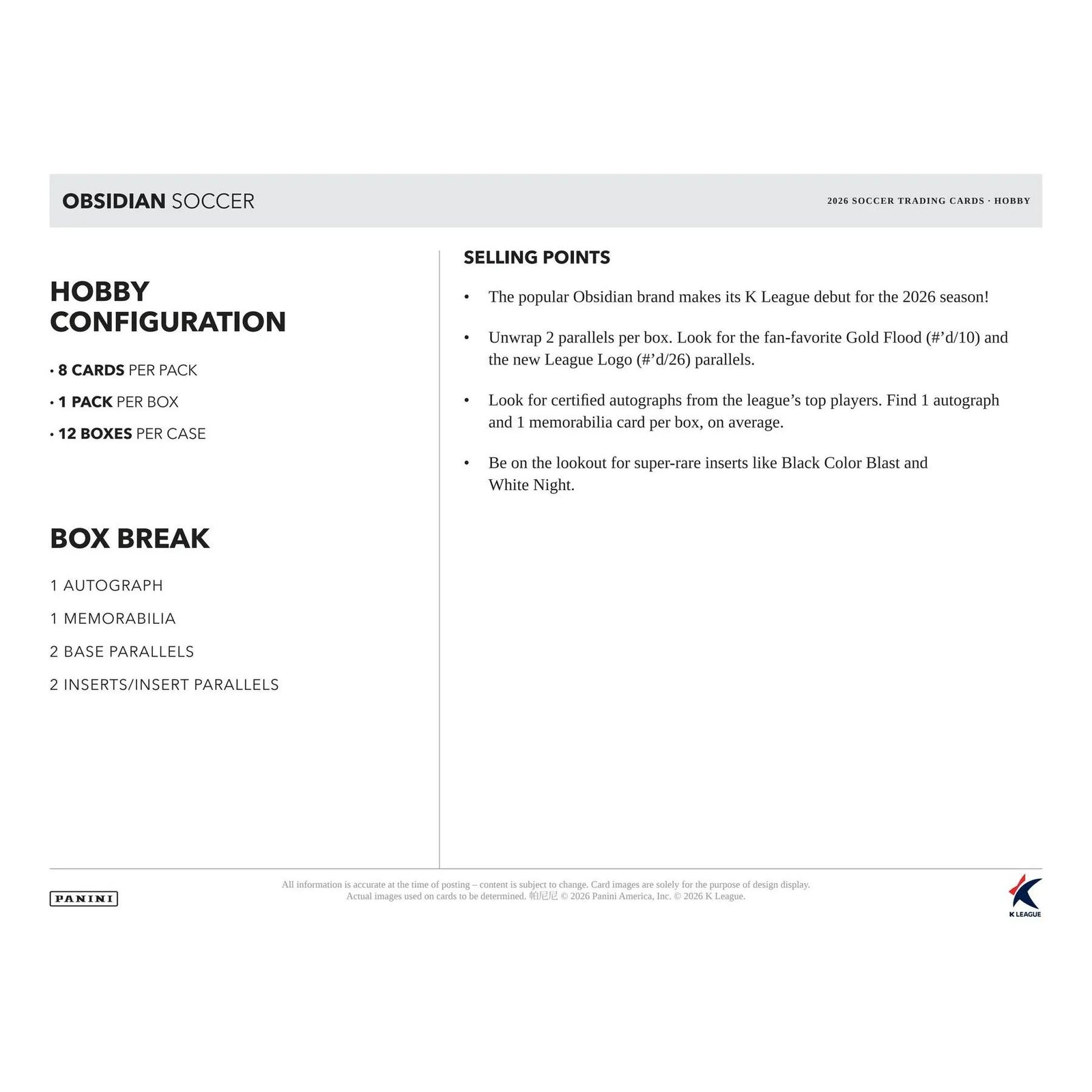 2026 Panini Obsidian K League Soccer Hobby 12-Box Case | Presell (Ships Sealed Only)