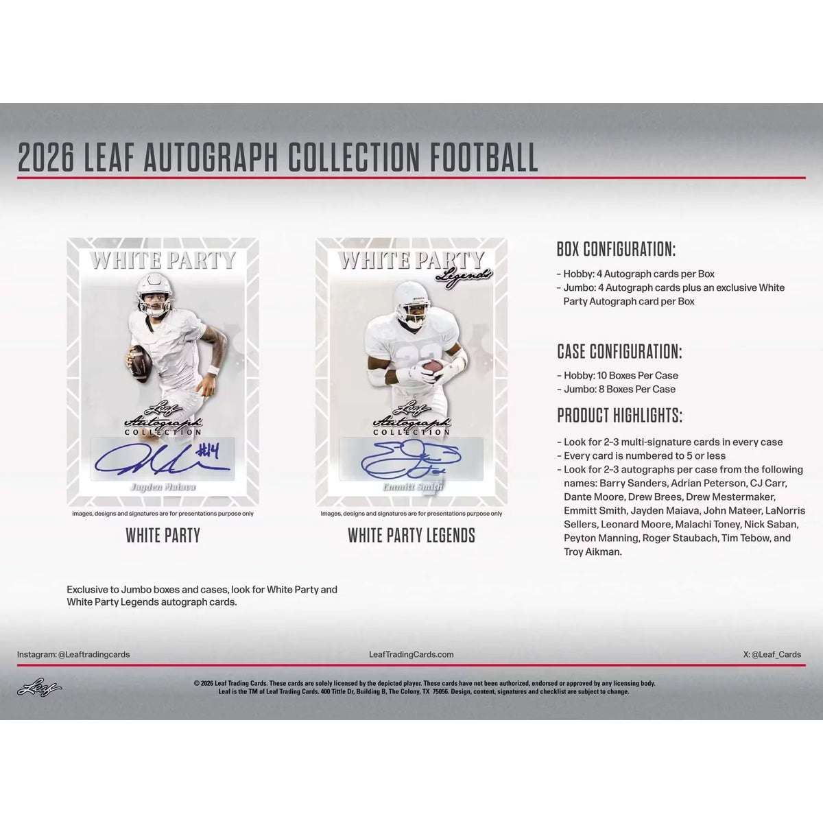 2026 Leaf Autograph Collection Football Hobby 10-Box Case (Presell) | P4298179