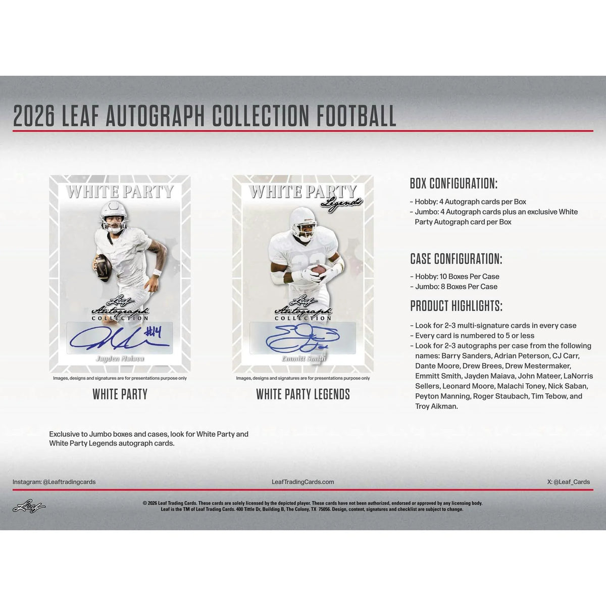 2026 Leaf Autograph Collection Football Hobby Jumbo 8-Box Case | Presell | P4298180