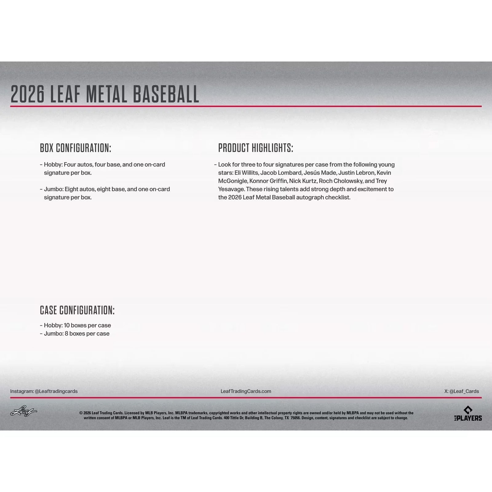 2026 Leaf Metal Baseball Hobby Box | 4 Autographs Per Box (Ships Sealed Only)