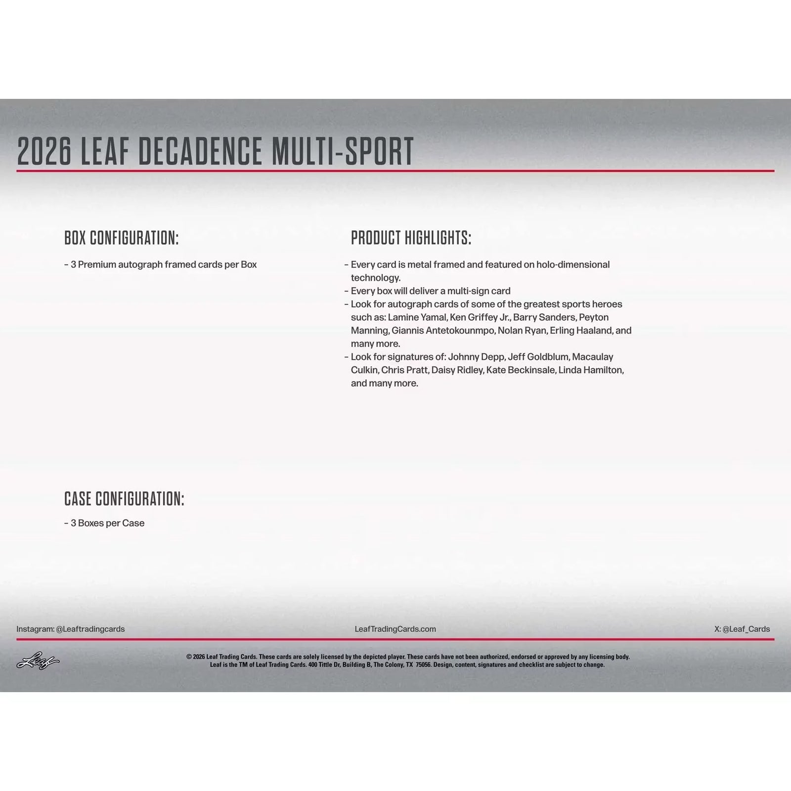 2026 Leaf Decadence Multisport Hobby Box | Presell (Ships Sealed Only)