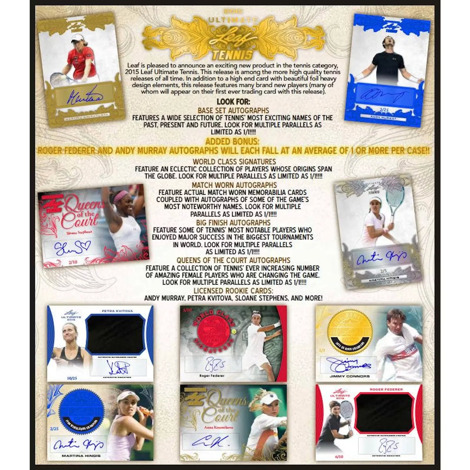 2015 Leaf Ultimate Tennis Hobby Box | 5 Autographs Per Box (Ships Sealed Only)