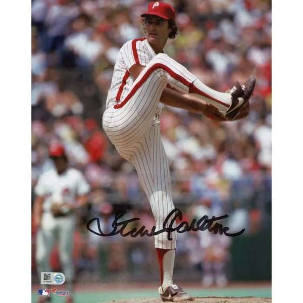 Steve Carlton Signed 8 x 10 Photograph | Phillies Leg Up in Pinstripes