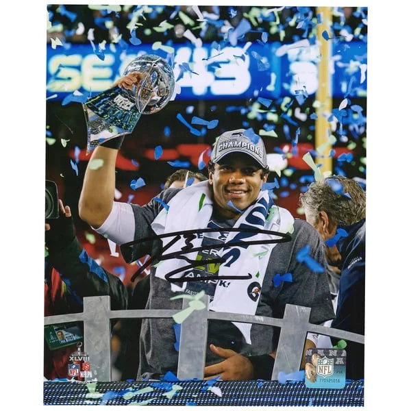Russell Wilson Signed 8 x 10 Super Bowl Trophy Photograph | Seahawks | W08FBWI0115